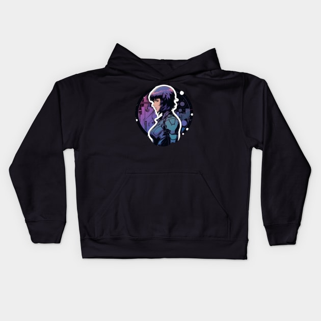 Cybernetic Journeys: Ghost in the Shell Aesthetics, Techno-Thriller Manga, and Mind-Bending Cyber Warfare Art Kids Hoodie by insaneLEDP